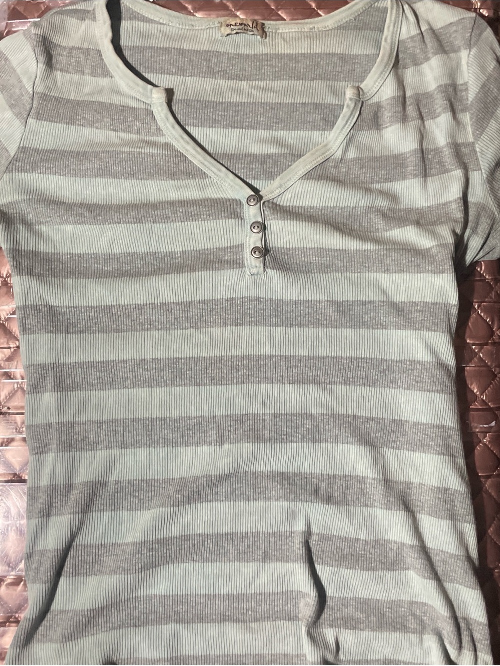 ONE WORLD Mint and Light Gray Ribbed Henley Top